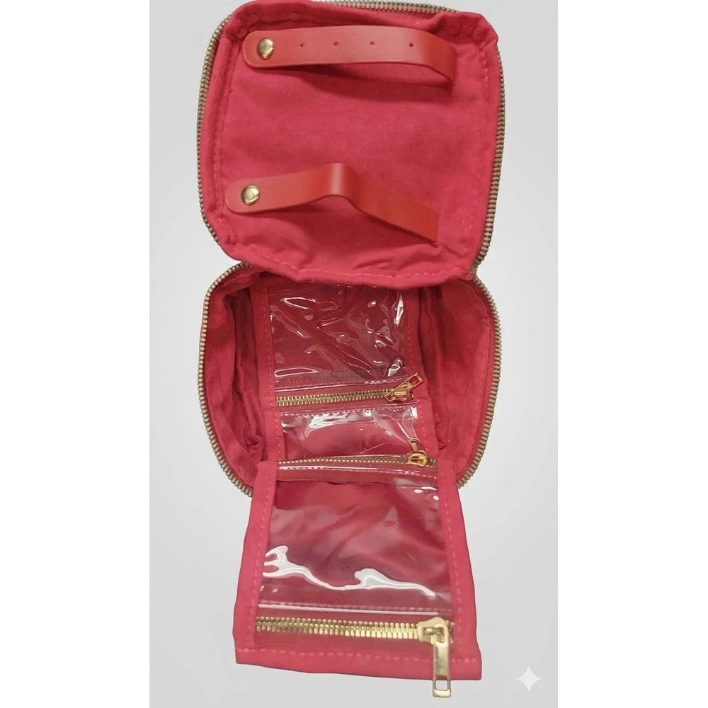 Jessica Simpson Red Velvet Mini Bow Jewelry Travel Case Square Zip Organizer Bag